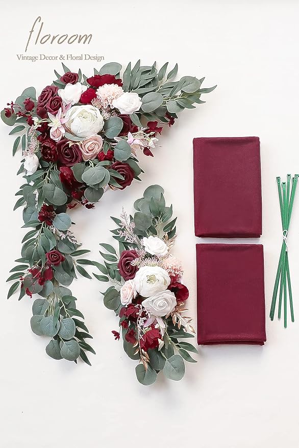 Floroom Arch Flowers with Drapes Kit (Pack of 4) - 2pcs Artificial Burgundy Floral Swag Arrangement with 2pcs Draping Fabric for Wedding Ceremony Arbor and Reception Backdrop Decoration