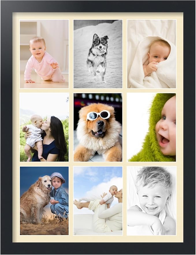 ArtToFrames Collage Photo Frame Single Mat with 9-5x7 Openings with Satin Black Frame and Cream mat.