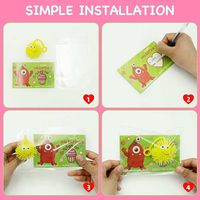 24 Pack Valentines LED Puffy Ball Toys ,Valentines Day Gifts with Valentine Cards Flashing Spiky Ball Toys Bulk Stress Relief School Classroom Prizes for Kids Boy Girl Exchange Gifts Party Favors