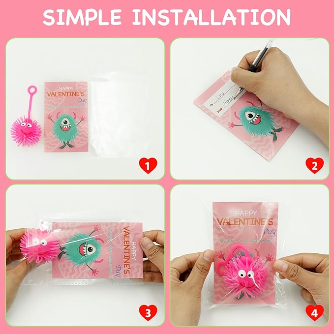 24 Pack Valentines LED Puffy Ball Toys ,Valentines Day Gifts with Valentine Cards Flashing Spiky Ball Toys Bulk Stress Relief School Classroom Prizes for Kids Boy Girl Exchange Gifts Party Favors