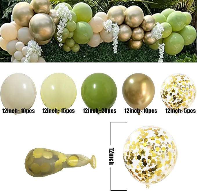 Olive Green Gold Balloons 12inch – Ivory White Pastel Yellow Green Balloons for Baby Shower Wedding Birthday Party Decorations 60 packs (Lime Green)