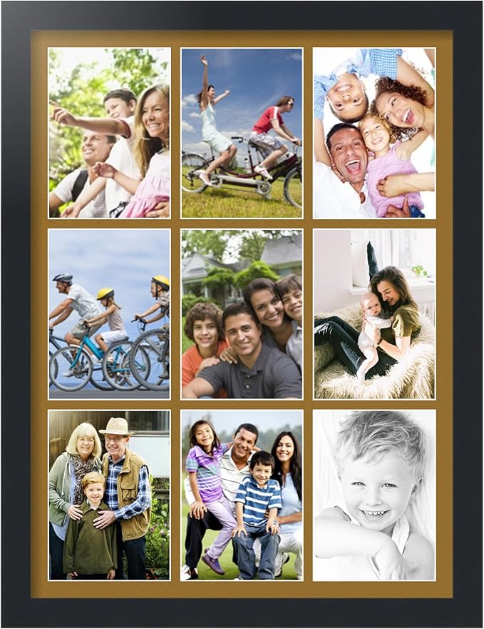 ArtToFrames Collage Photo Frame Single Mat with 9-5x7 Openings with Satin Black Frame and El Dorado mat.