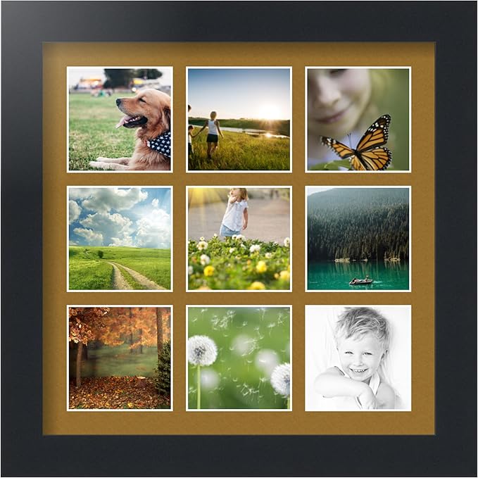 ArtToFrames Collage Photo Frame Single Mat with 9-3x3 Openings with Satin Black Frame and El Dorado mat.