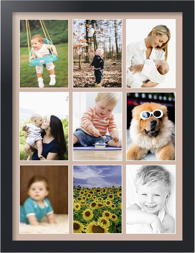 ArtToFrames Collage Photo Frame Single Mat with 9-5x7 Openings with Satin Black Frame and Grey Beige mat.