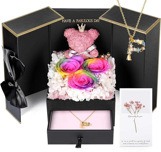 Preserved rose heart-shaped gift box with personalized initial necklace