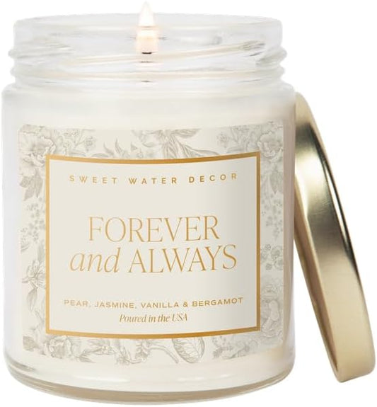 Sweet Water Decor Forever and Always Wedding Candle, Bridal Shower Gift, Scents; Pear, Jasmine, Vanilla, & Bergamot, Romantic Candle, 40 Hours Burn Time, Grey Delft Design 9oz Clear Jar with Gold Lid