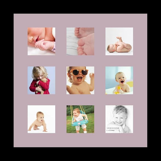 ArtToFrames Collage Photo Frame Single Mat with 9-3x3 Openings with Satin Black Frame and Lavender Mist mat.