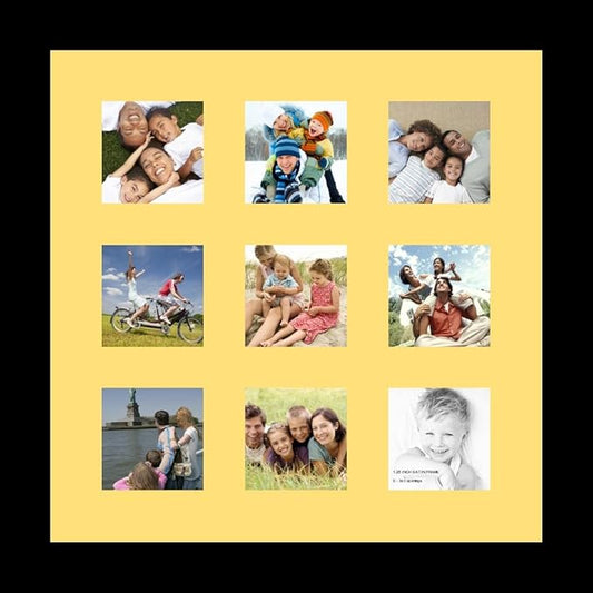 ArtToFrames Collage Photo Frame Single Mat with 9-3x3 Openings with Satin Black Frame and Canary mat.
