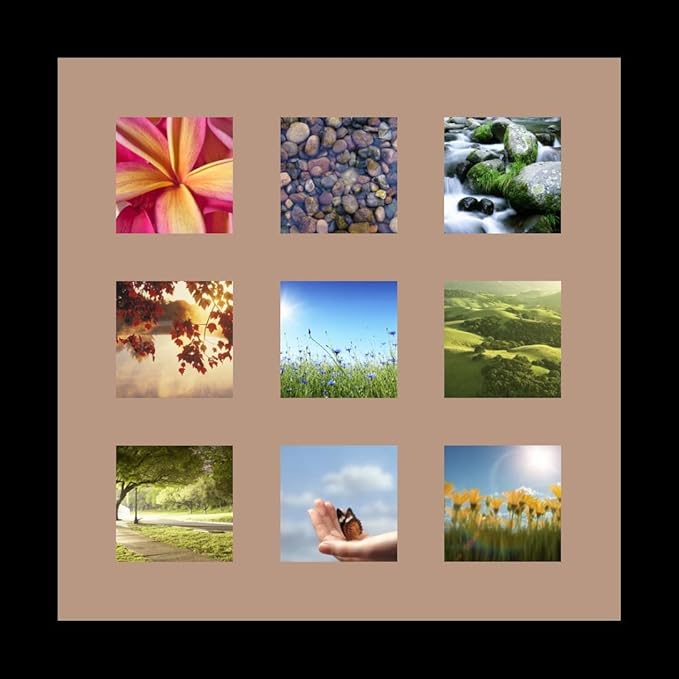 ArtToFrames Collage Photo Frame Single Mat with 9-3x3 Openings with Satin Black Frame and Sandpiper mat.