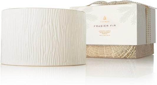 Thymes Frasier Fir Candle - Gilded Collection - Wood Grain Ceramic Design with 24-Karate Gold Rim - Mountain Fresh Fragrance - Elegant Winter Candle Scents - Gifts for Women & Men (3-Wick, 20 oz)