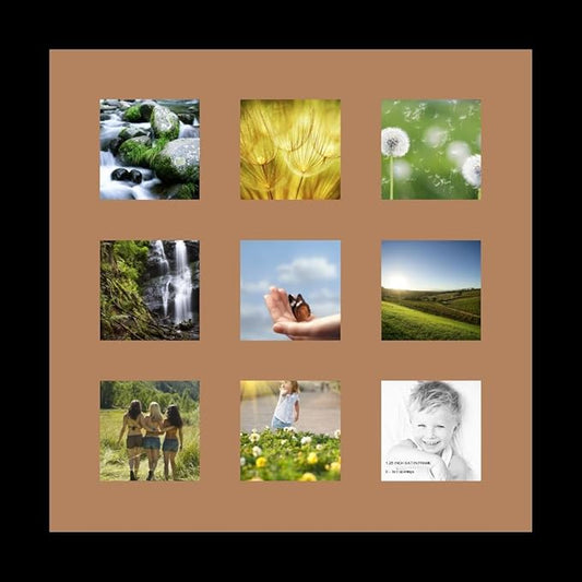 ArtToFrames Collage Photo Frame Single Mat with 9-3x3 Openings with Satin Black Frame and Paloma mat.