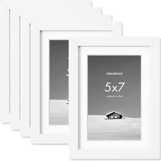 5x7 inch Picture Frame, 5x7 Photo Frames with 4x6 Removable Mat - High Definition Plexiglass - Vertical and Horizontal Display - Wall Hanging Frame - White, 5 Pack
