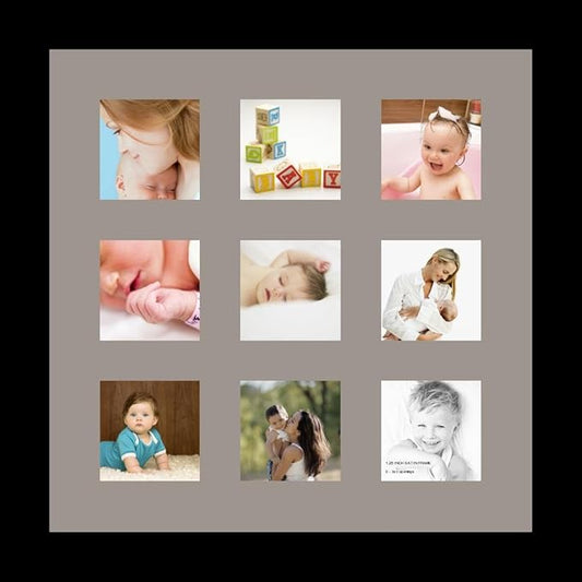 ArtToFrames Collage Photo Frame Single Mat with 9-3x3 Openings with Satin Black Frame and TV Grey mat.