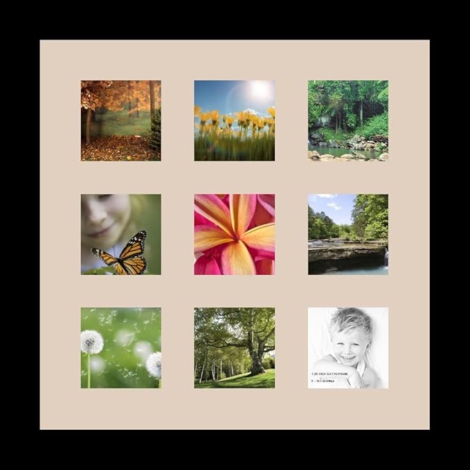 ArtToFrames Collage Photo Frame Single Mat with 9-3x3 Openings with Satin Black Frame and Scotch Mist mat.