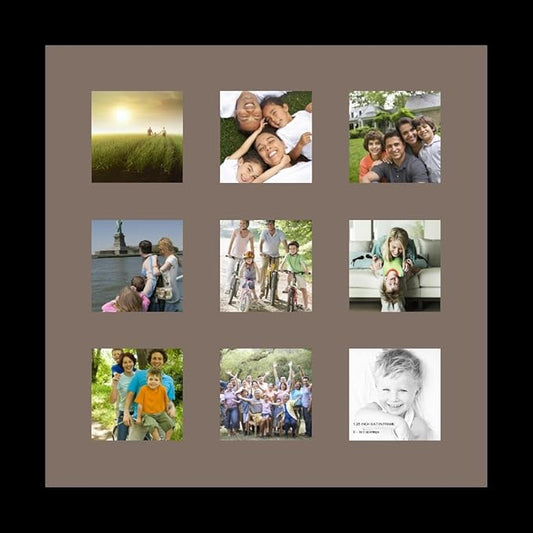 ArtToFrames Collage Photo Frame Single Mat with 9-3x3 Openings with Satin Black Frame and Pewter mat.