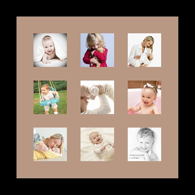 ArtToFrames Collage Photo Frame Single Mat with 9-3x3 Openings with Satin Black Frame and Sandpiper mat.