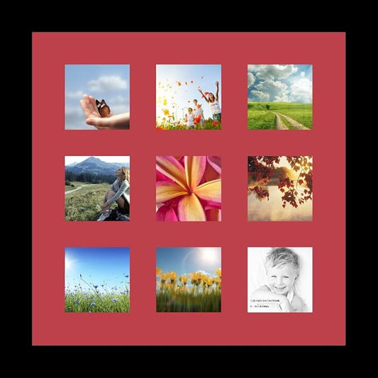 ArtToFrames Collage Photo Frame Single Mat with 9-3x3 Openings with Satin Black Frame and Rouge mat.
