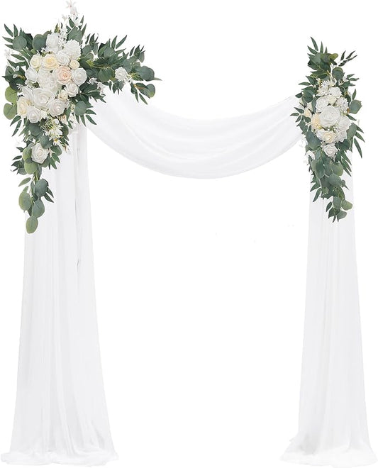 Floroom Arch Flowers with Drapes Kit (Pack of 4) - 2pcs Artificial Ivory & White Floral Swag Arrangement with 2pcs Draping Fabric for Wedding Ceremony Arbor and Reception Backdrop Decoration