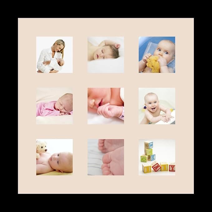 ArtToFrames Collage Photo Frame Single Mat with 9-3x3 Openings with Satin Black Frame and Alabaster mat.