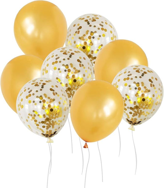 50 12-inch Latex Balloons, 25 Pearlized Pearlescent Gold+25 Transparent with Confetti Large Thick Big Round Shining Biodegradable Bulk Helium Gas Air Inflated Kids Birthday Wedding Party Deco