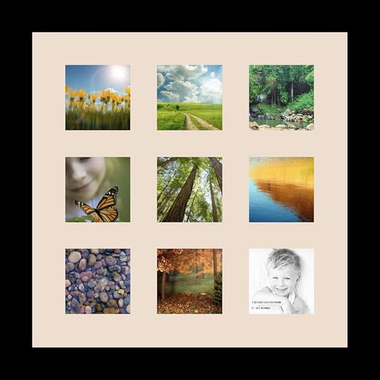 ArtToFrames Collage Photo Frame Single Mat with 9-3x3 Openings with Satin Black Frame and Alabaster mat.