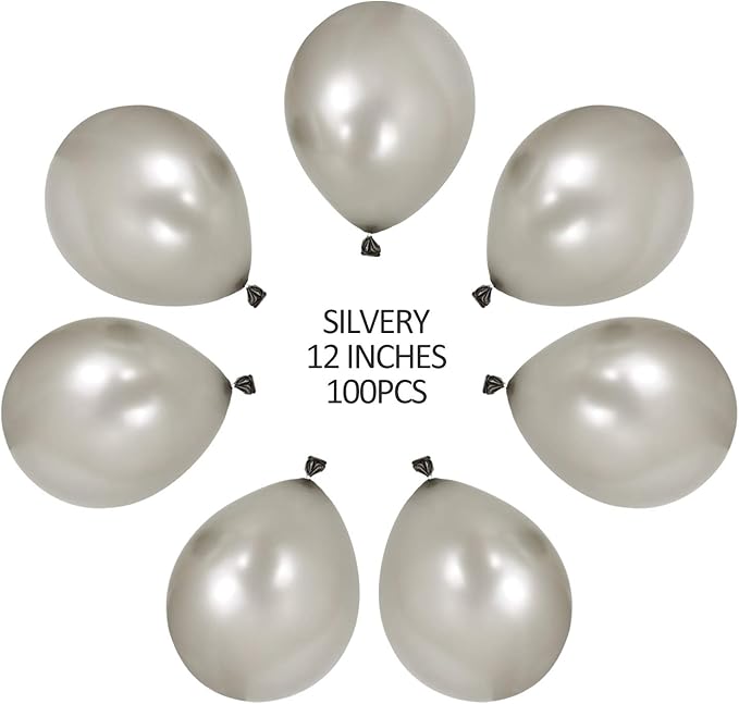 100 PCS 12 Inches Pearlized Silver Latex Balloons Large Thick Big Round Shining Pearlescent Biodegradable Bulk Helium Gas or Air Inflated for Kids Birthday Wedding Party Decorations Supplies Favors