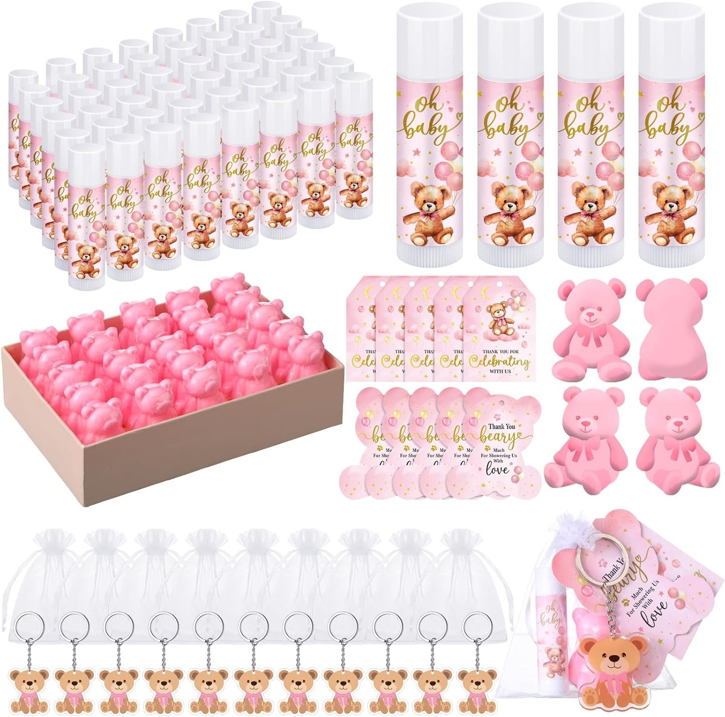 288 Baby Shower Favors Baby Shower Gifts Bulk Lip Balms Soaps Keychains Organza Bags Guest Appreciation Gift with Thank You Tags and Cards for Boys Girls Guest Gift(Pink,Bear)