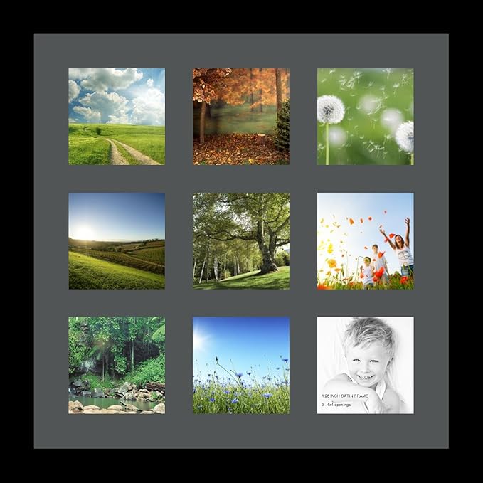 ArtToFrames Collage Photo Frame Single Mat with 9-4x4 Openings with Satin Black Frame and Charcoal mat.