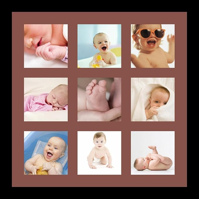 ArtToFrames Collage Photo Frame Single Mat with 9-5x5 Openings and Satin Black Frame.