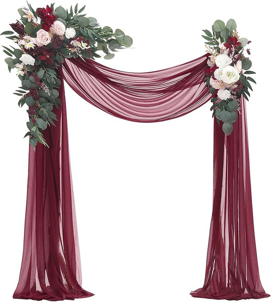 Floroom Arch Flowers with Drapes Kit (Pack of 4) - 2pcs Artificial Burgundy Floral Swag Arrangement with 2pcs Draping Fabric for Wedding Ceremony Arbor and Reception Backdrop Decoration
