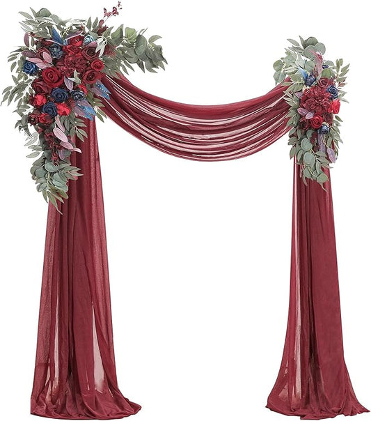 Floroom Arch Flowers with Drapes Kit (Pack of 4) - 2pcs Artificial Burgundy & Navy Blue Floral Swag Arrangement with 2pcs Draping Fabric for Wedding Ceremony Arbor and Reception Backdrop Decoration
