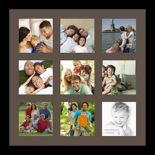 ArtToFrames Collage Photo Frame Single Mat with 9-5x5 Openings with Satin Black Frame and Chestnut mat.