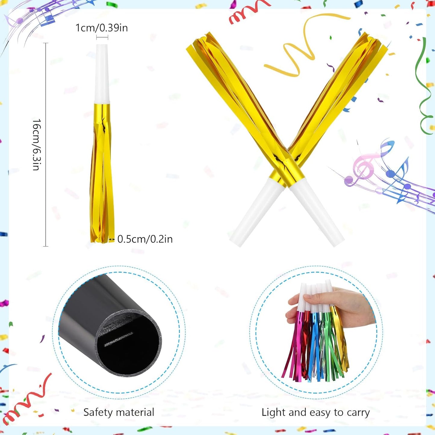 Metallic Fringed Noise Makers, 48 Pcs, Gold White, Silver White, for Noise Makers Party Favors, Baby Shower, Kids Birthday, New Year Party