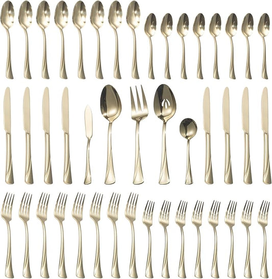 Alata Alice Champagne Gold Mirror 45-Piece Silverware Set Stainless Steel Flatware Set,Service for 8,Mirror Polished Cutlery Set,Dishwasher Safe