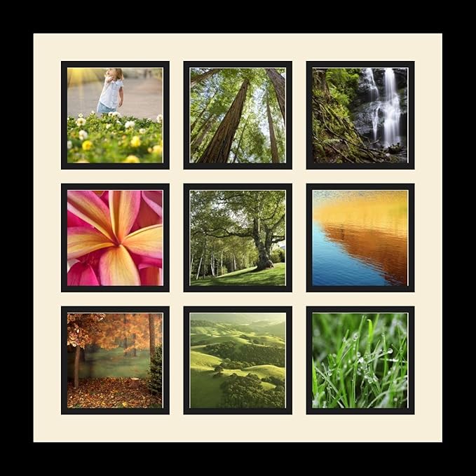 ArtToFrames Collage Photo Frame Single Mat with 9-4x4 Openings with Satin Black Frame and Scotch Mist mat.