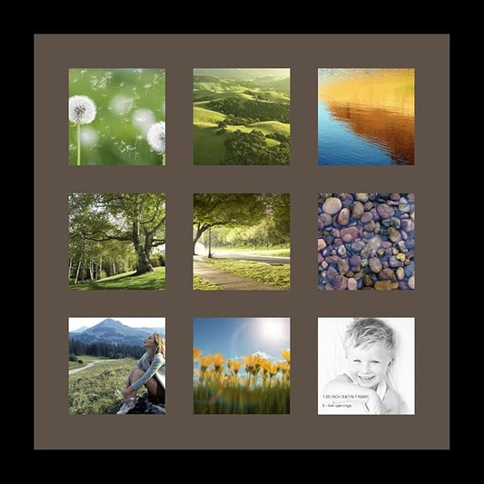 ArtToFrames Collage Photo Frame Single Mat with 9-4x4 Openings with Satin Black Frame and Chestnut mat.