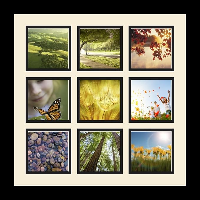ArtToFrames Collage Photo Frame Single Mat with 9-4x4 Openings with Satin Black Frame and French Creme mat.