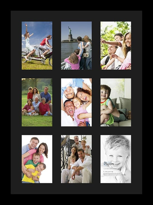 ArtToFrames Collage Photo Frame Single Mat with 9-4x6 Openings with Satin Black Frame and Black mat.