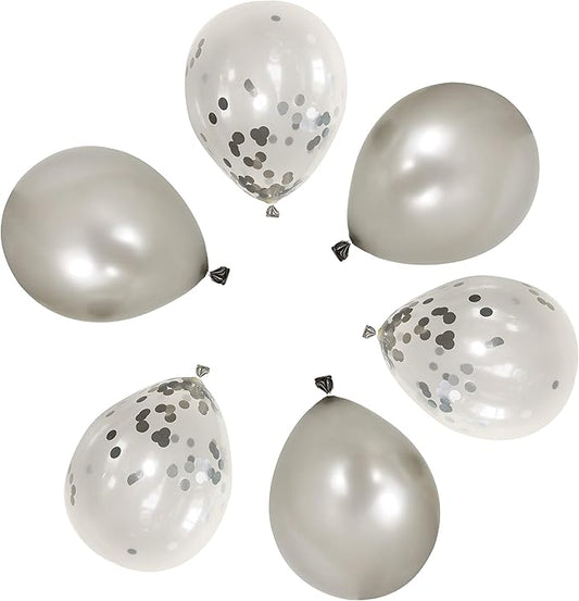 50 12-inch Latex Balloons, 25 Pearlized Pearlescent Silver+25 Transparent with Confetti Large Thick Big Round Shining Biodegradable Bulk Helium Gas Air Inflated Kids Birthday Wedding Party Deco