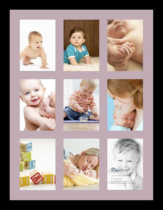 ArtToFrames Collage Photo Frame Single Mat with 9-5x7 Openings with Satin Black Frame and Lavender Mist mat.