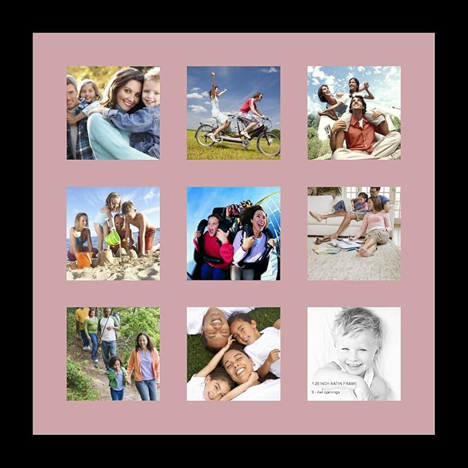 ArtToFrames Collage Photo Frame Single Mat with 9-4x4 Openings with Satin Black Frame and Seashell mat.