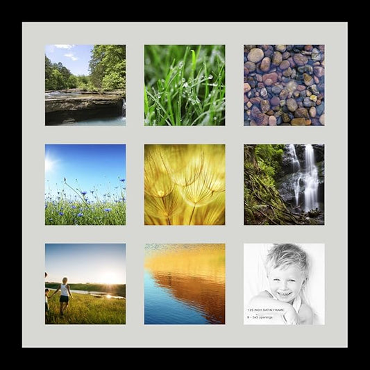 ArtToFrames Collage Photo Frame Single Mat with 9-5x5 Openings with Satin Black Frame and Candlewick mat.