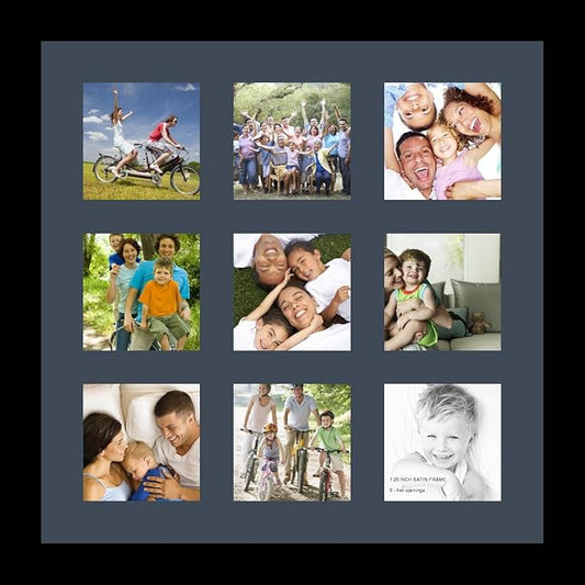 ArtToFrames Collage Photo Frame Single Mat with 9-4x4 Openings with Satin Black Frame and Blue Jay mat.