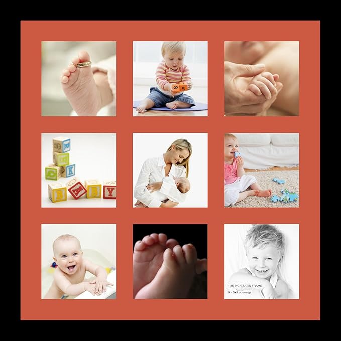 ArtToFrames Collage Photo Frame Single Mat with 9-5x5 Openings with Satin Black Frame and Red Orange mat.