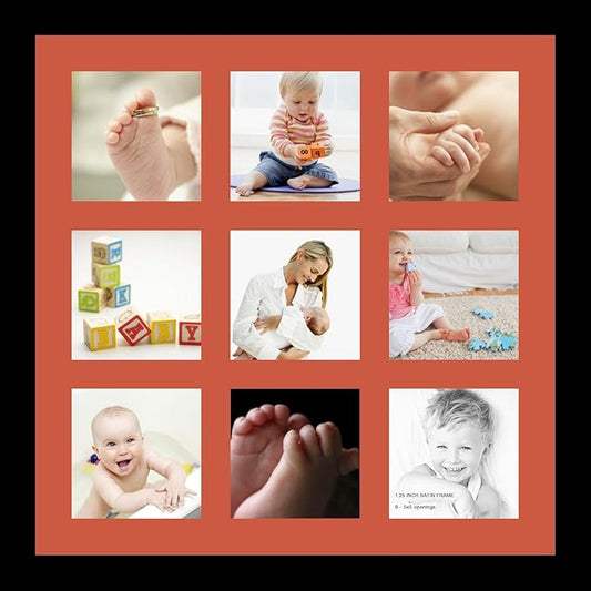 ArtToFrames Collage Photo Frame Single Mat with 9-5x5 Openings with Satin Black Frame and Red Orange mat.