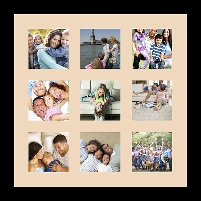 ArtToFrames Collage Photo Frame Single Mat with 9-4x4 Openings with Satin Black Frame and French Creme mat.