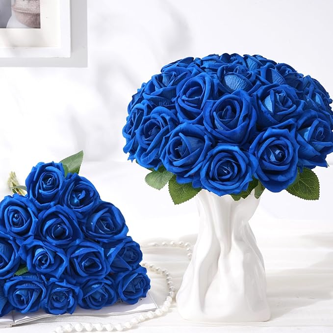 BLEUM CADE 50 Pcs Blue Roses Artificial Flowers, Real Touch Velvet Roses Bouquet Fake Flowers Bulk, Artificial Roses with Long Stems for Valentines Day Gift DIY Bridal Wedding Centerpiece Decorations