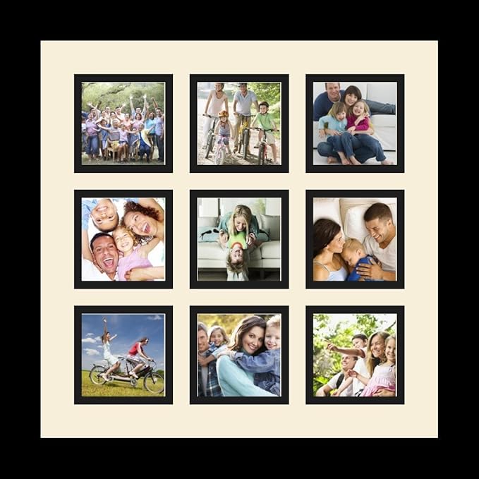 ArtToFrames Collage Photo Frame Single Mat with 9-3x3 Openings with Satin Black Frame and Scotch Mist mat.