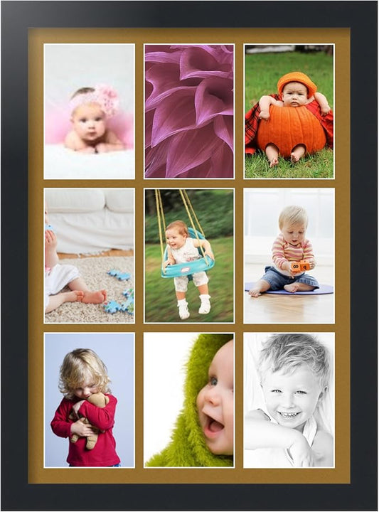 ArtToFrames Collage Photo Frame Single Mat with 9-4x6 Openings with Satin Black Frame and El Dorado mat.