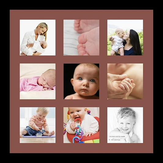 ArtToFrames Collage Photo Frame Single Mat with 9-5x5 Openings and Satin Black Frame.
